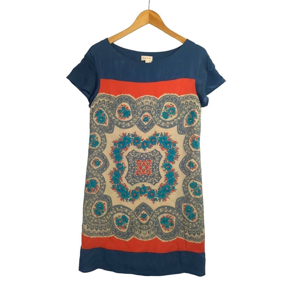 Anthropologie Meadow Rue Silk Tunic Shift Dress Womens XS Blue Orange Pullover